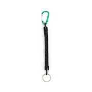 Lanyard med PU spiral, split ring og gr&oslash;n carabin, L&aelig;ngde ca 21cm