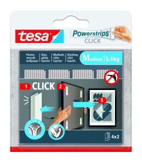 Powerstrips Tesa click medium 4 par - 5,4 kg. Klik, hæng op og fjern igen – uden mærker på væggen