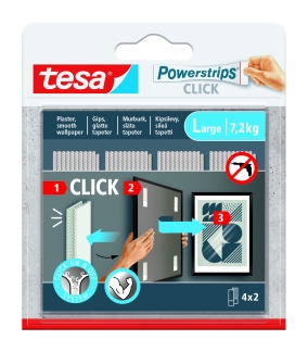 Powerstrips Tesa click large 4 par - 7,2 kg. Klik, hæng op og fjern igen – uden mærker på væggen