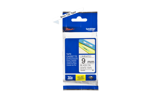 Prægetape TZe221 sort/hvid 9 mm x 8m lamineret